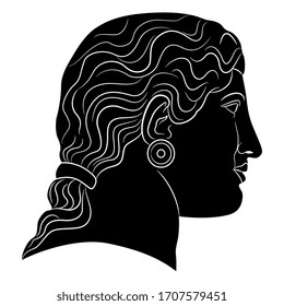 Isolated vector illustration. female head in profile. Ancient Greek antique sculpture or a goddess. Black and white linear silhouette.