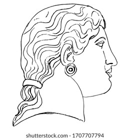 Isolated vector illustration. female head in profile. Ancient Greek antique sculpture or a goddess. Hand drawn linear doodle ink sketch. Black silhouette on white background.