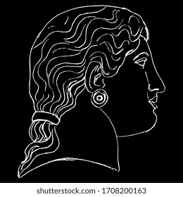 Isolated vector illustration. Female head in profile. Ancient Greek antique sculpture or a goddess. Hand drawn linear doodle ink sketch. White silhouette on black background.