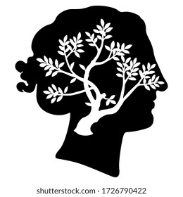 Ilustración vectorial aislada. Cabeza femenina de perfil con árbol de silueta dentro. Concepto creativo. Silueta blanca y negra. Diosa Persephone.