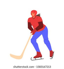 Isolated vector illustration of female hockey team athlete. Female hockey player. Young professional sportswoman training. Healthy lifestyle concept.