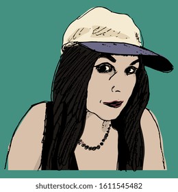 Isolated vector illustration. Female portrait. Beautiful Caucasian girl with long loose hair and baseball cap. Hand drawn colorful sketch. 