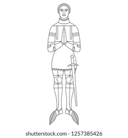 Isolated vector illustration. Figure of a medieval knight in armor with sword. Black and white linear drawing.
