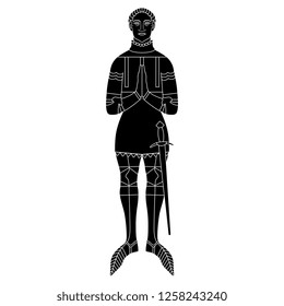 Isolated vector illustration. Figure of a medieval knight in armor with sword. Black and white linear silhouette. Cartoon style.