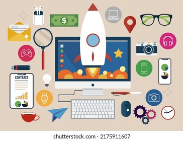 Ilustración vectorial aislada. Diseño plano de concepto de ilustración vectorial para gestión, estrategia, marketing digital, comenzar con iconos conjunto de elementos de trabajo de negocios modernos.