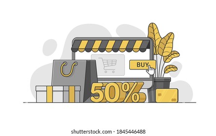 Isolated vector illustration in flat style with outline for online shopping, site, sale banner, mobile app, social media, shop, store, ad, promotion, flyer. Special offer fifty percent discount.