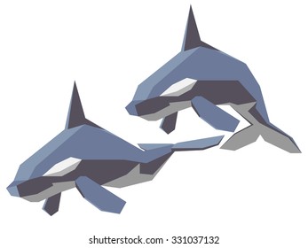 isolated vector illustration of a floating whale-killers and leaping orcas