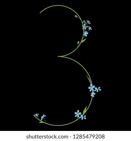 Isolated vector illustration. Floral alphabet. Numeral 3 with forget-me-not flowers. On black background.