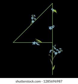 Isolated vector illustration. Floral alphabet. Numeral 4 with forget-me-not flowers. On black background.