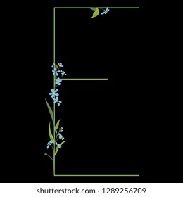 Isolated vector illustration. Floral alphabet with forget-me-not blossom. Capital letter E. On black background.