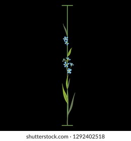 Isolated vector illustration. Floral alphabet with forget-me-not blossom. Capital letter I. On black background.