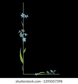 Isolated vector illustration. Floral alphabet with forget-me-not blossom. Capital letter L. On black background.