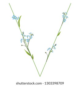 
Isolated vector illustration. Floral alphabet with forget-me-not blossom. Capital letter V.