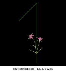 Isolated vector illustration. Floral alphabet. Numeral 1 with wild carnation or corn-cockle flowers. On black background.