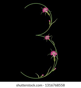 Isolated vector illustration. Floral alphabet. Numeral 3 with wild carnation or corn-cockle flowers. On black background.