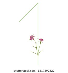 Isolated vector illustration. Floral alphabet. Numeral 1 with wild carnation or corn-cockle flowers. 
