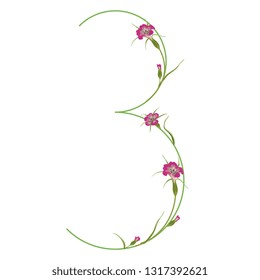 Isolated vector illustration. Floral alphabet. Numeral 3 with wild carnation or corn-cockle flowers. 