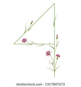 Isolated vector illustration. Floral alphabet. Numeral 4 with wild carnation or corn-cockle flowers. 