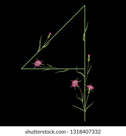 Isolated vector illustration. Floral alphabet. Numeral 4 with wild carnation or corn-cockle flowers. On black background.