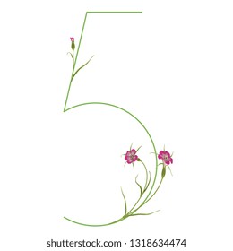 Isolated vector illustration. Floral alphabet. Numeral 5 with wild carnation or corn-cockle flowers. 