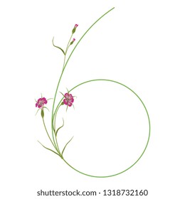 Isolated vector illustration. Floral alphabet. Numeral 6 with wild carnation or corn-cockle flowers. 