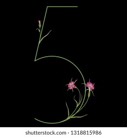 Isolated vector illustration. Floral alphabet. Numeral 5 with wild carnation or corn-cockle flowers. On black background.