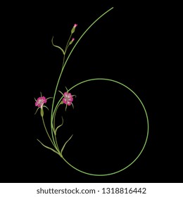 Isolated vector illustration. Floral alphabet. Numeral 6 with wild carnation or corn-cockle flowers. On black background.