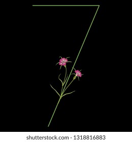 Isolated vector illustration. Floral alphabet. Numeral 7 with wild carnation or corn-cockle flowers. On black background.