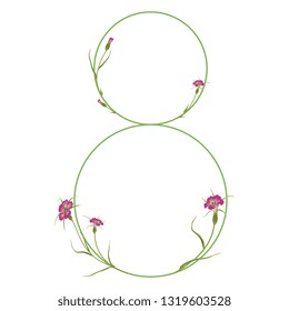 Isolated vector illustration. Floral alphabet. Numeral 8 with wild carnation or corn-cockle flowers. 