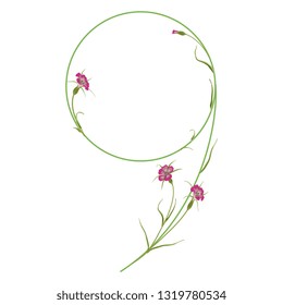 Isolated vector illustration. Floral alphabet. Numeral 9 with wild carnation or corn-cockle flowers. 