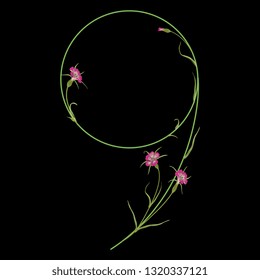 Isolated vector illustration. Floral alphabet. Numeral 9 with wild carnation or corn-cockle flowers. On black background.