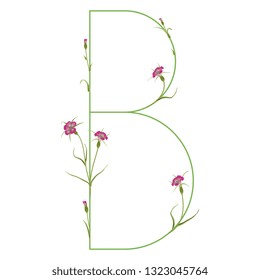 Isolated vector illustration. Floral alphabet with wild carnation or corn-cockle flowers. Capital letter B.