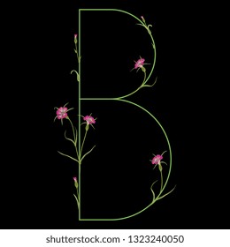 Isolated vector illustration. Floral alphabet with wild carnation or corn-cockle flowers. Capital letter B. On black background.