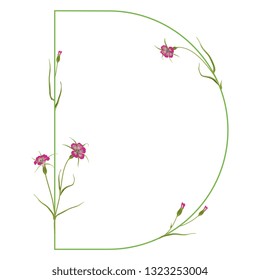 Isolated vector illustration. Floral alphabet with wild carnation or corn-cockle flowers. Capital letter D.