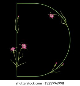 Isolated vector illustration. Floral alphabet with wild carnation or corn-cockle flowers. Capital letter D. On black background.