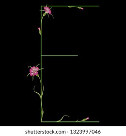 Isolated vector illustration. Floral alphabet with wild carnation or corn-cockle flowers. Capital letter E. On black background.