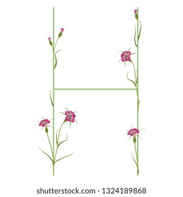 Isolated vector illustration. Floral alphabet with wild carnation or corn-cockle flowers. Capital letter H.