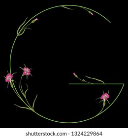 Isolated vector illustration. Floral alphabet with wild carnation or corn-cockle flowers. Capital letter G. On black background.