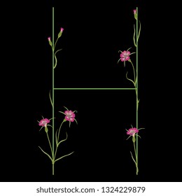 Isolated vector illustration. Floral alphabet with wild carnation or corn-cockle flowers. Capital letter H. On black background.