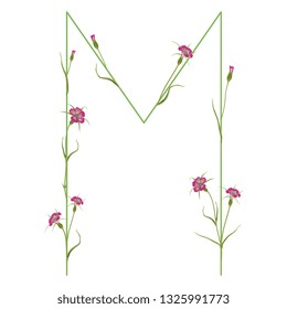 Isolated vector illustration. Floral alphabet with wild carnation or corn-cockle flowers. Capital letter M.