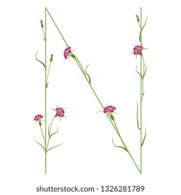 Isolated vector illustration. Floral alphabet with wild carnation or corn-cockle flowers. Capital letter N.