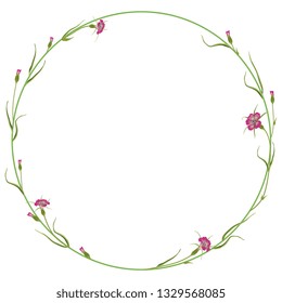 Isolated vector illustration. Floral alphabet with wild carnation or corn-cockle flowers. Capital letter O or numeral 0. Round floral frame or wreath.