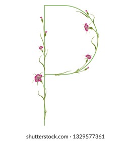 Isolated vector illustration. Floral alphabet with wild carnation or corn-cockle flowers. Capital letter P.