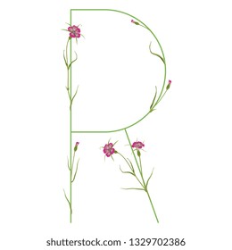 Isolated vector illustration. Floral alphabet with wild carnation or corn-cockle flowers. Capital letter R.