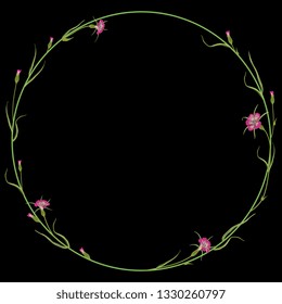 Isolated vector illustration. Floral alphabet with wild carnation or corn-cockle flowers. Capital letter O or numeral 0. Round floral frame or wreath. On black background.