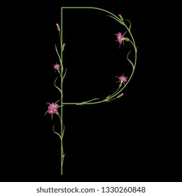 Isolated vector illustration. Floral alphabet with wild carnation or corn-cockle flowers. Capital letter P. On black background.