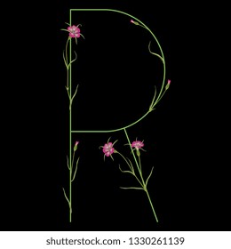 Isolated vector illustration. Floral alphabet with wild carnation or corn-cockle flowers. Capital letter R. On black background.