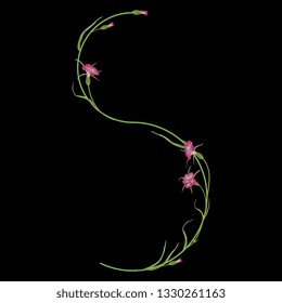 Isolated vector illustration. Floral alphabet with wild carnation or corn-cockle flowers. Capital letter S. On black background.