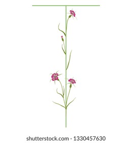 Isolated vector illustration. Floral alphabet with wild carnation or corn-cockle flowers. Capital letter T.