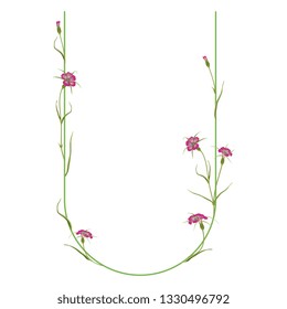 Isolated vector illustration. Floral alphabet with wild carnation or corn-cockle flowers. Capital letter U.